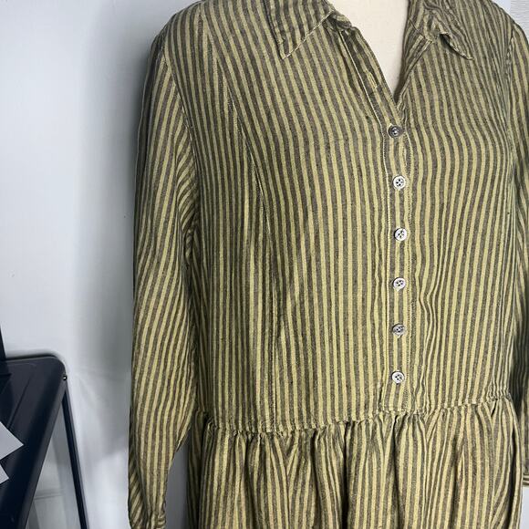 Homefrocks Womens Dress Sz L Olive Brown Stripe Luxe Artisan Linen Made in USA - Picture 4 of 12